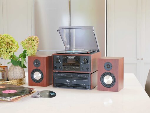 Steepletone Houston 6-in-1 Music System with CD Player, Bluetooth, DAB+/FM & USB Wireless Speakers (Black & Wood)